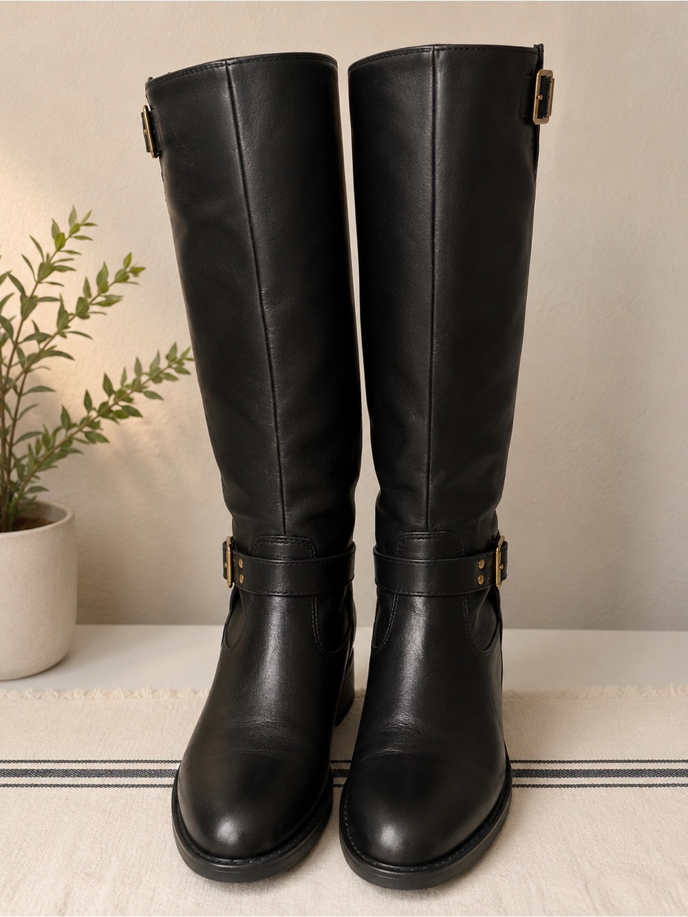 Forever Women's Black Knee High Riding Boots Synthetic Upper Buckle Block Heel